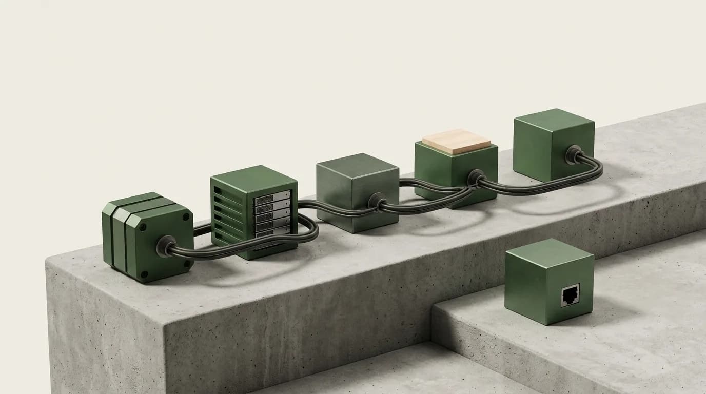 Connected green compute and control modules on concrete platforms.
