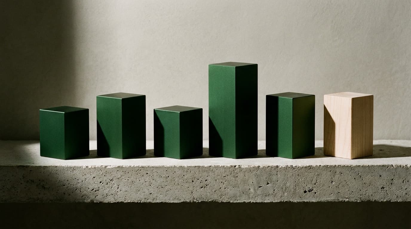Six machined blocks on a concrete shelf: five dark green aluminium, one pale wood