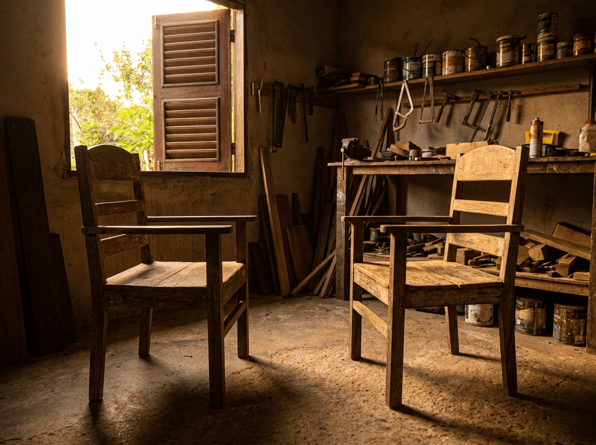 Two wooden chairs facing each other by an open window in evening light