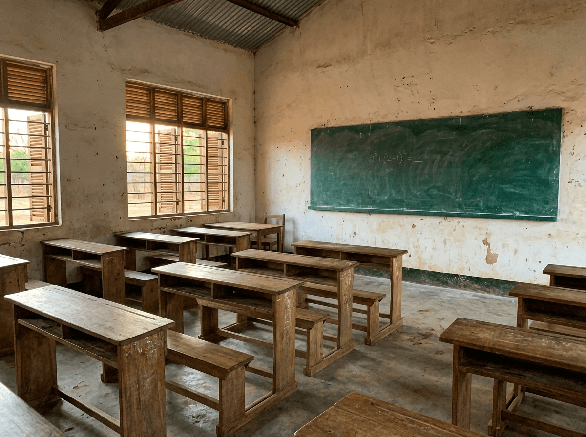 An empty Tanzanian classroom in morning light, wooden desks facing a green chalkboard