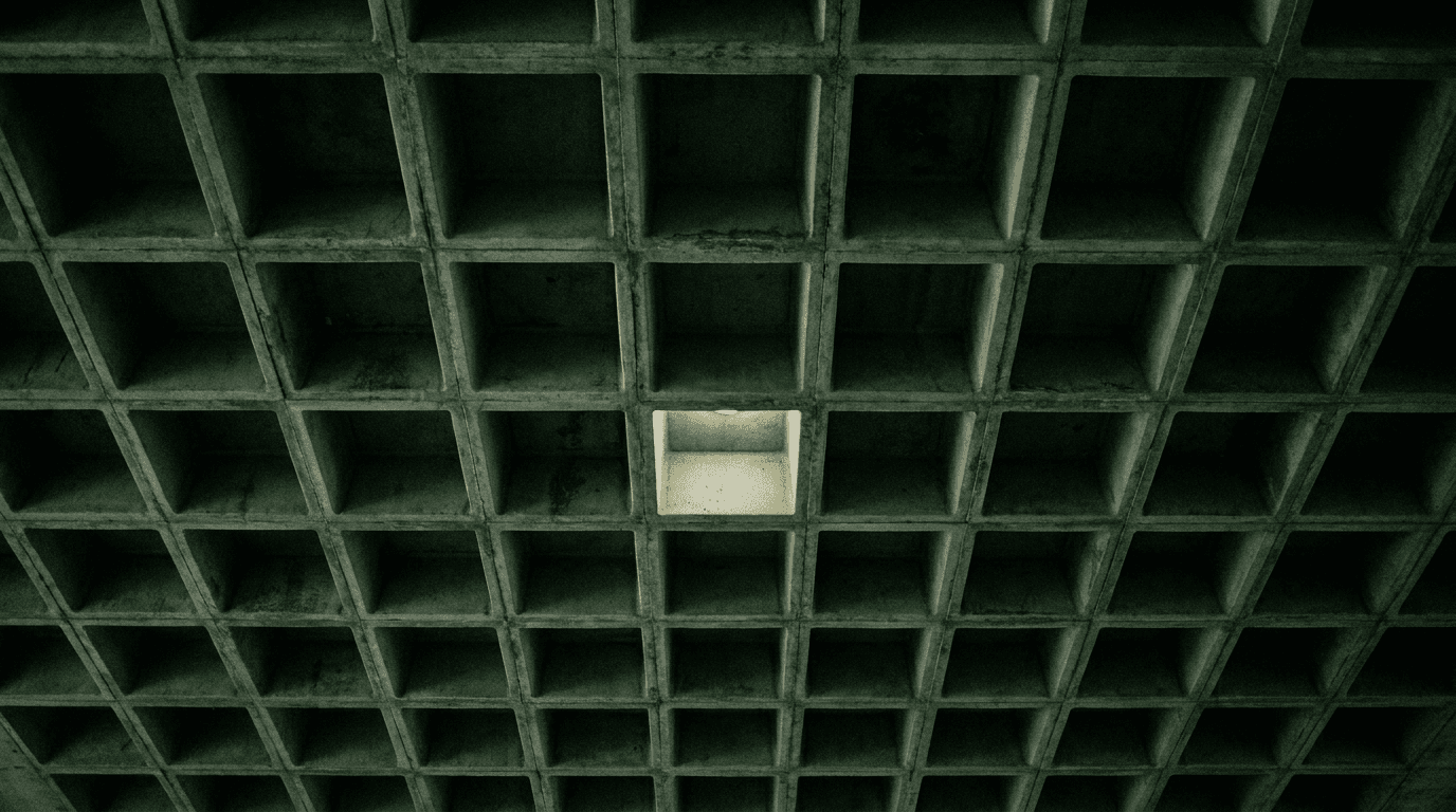 A coffered concrete grid receding into shadow