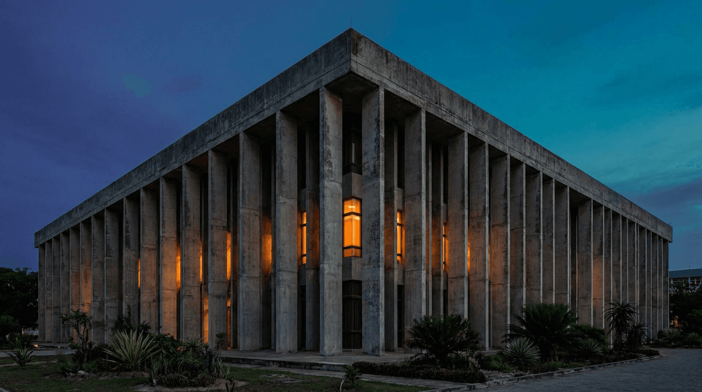A modernist government building at dusk, a few windows lit