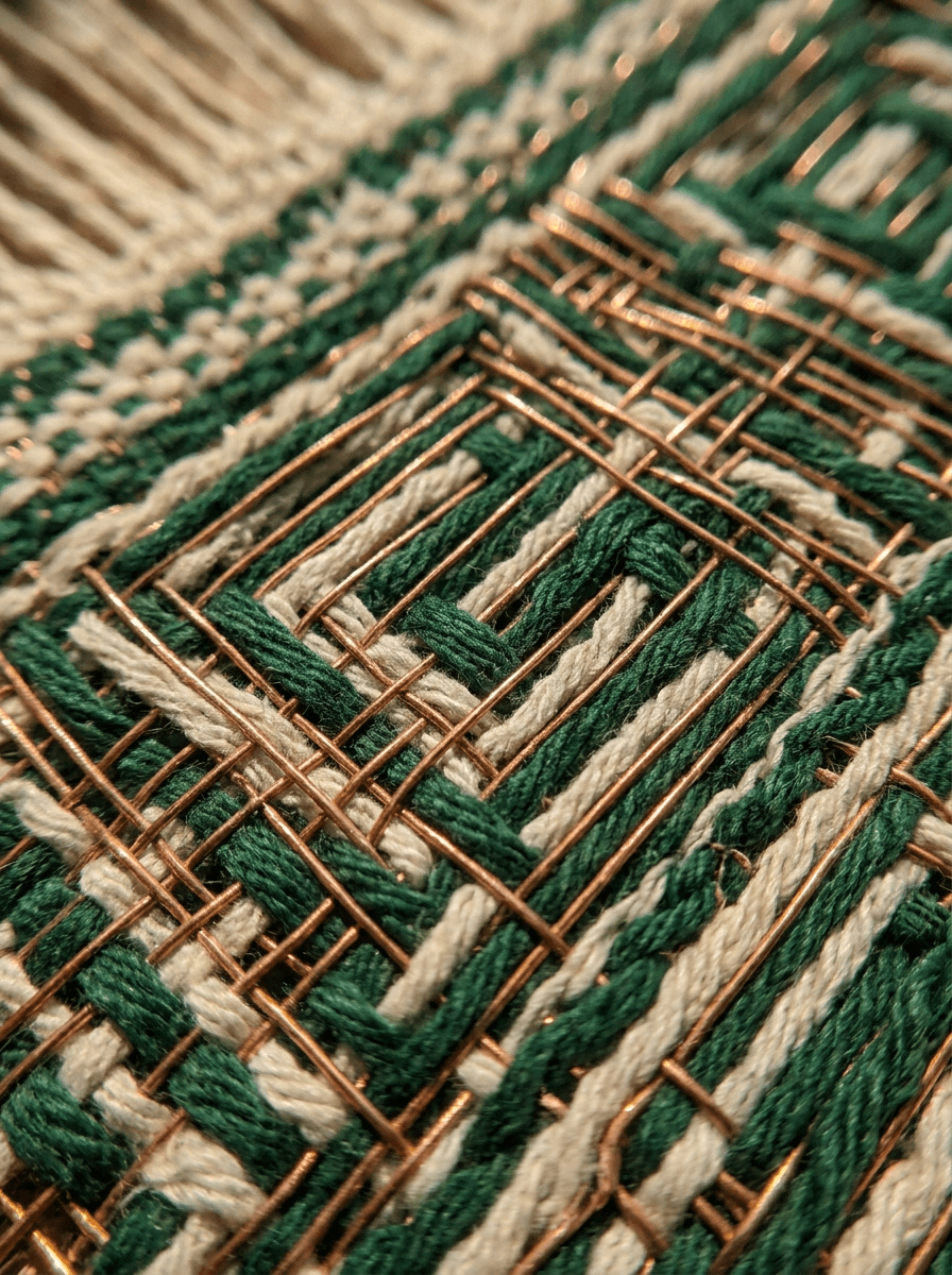 Handwoven East African textile with fine copper wire carried through green and bone threads in a circuit-like border