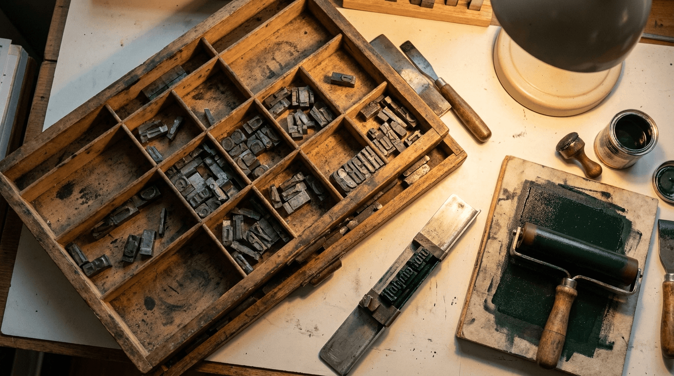 A letterpress type case of metal sorts with a composing stick holding one inked row of type