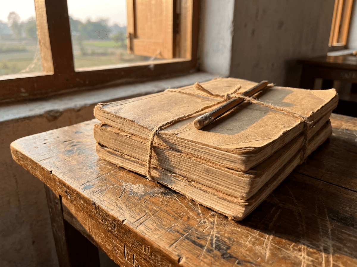 Student exercise books on a wooden school desk in warm morning light
