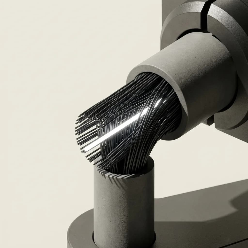One illuminated strand among dark fibres passing through a concrete conduit