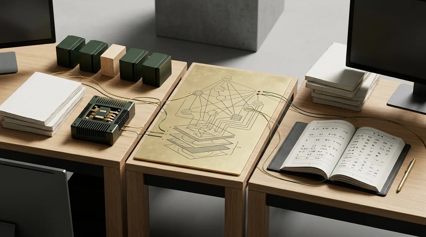 A desk with a compute module, source documents and a drawn system map