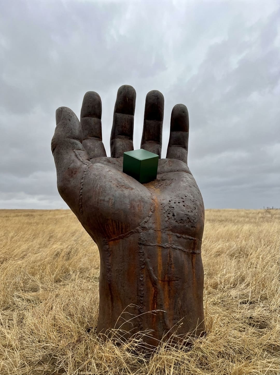 A weathered cast-iron monument hand holding a small machined cube of green aluminium