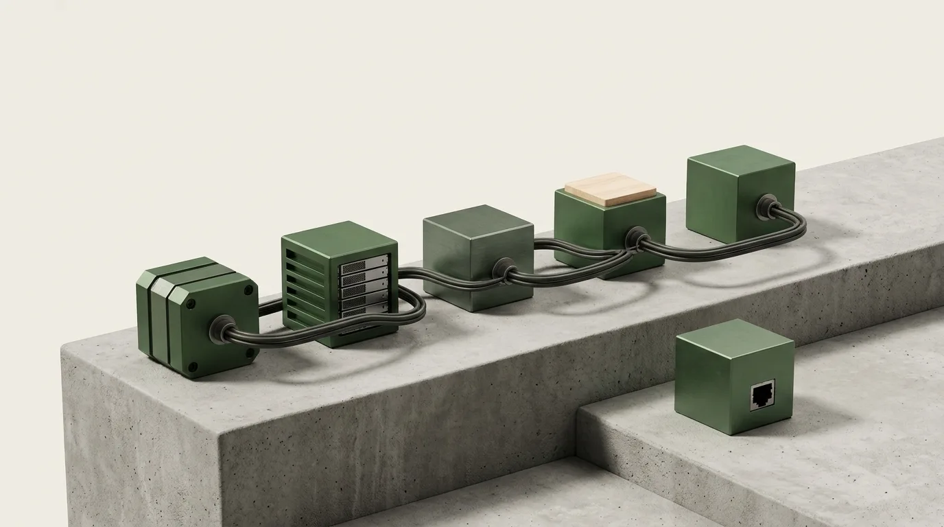 Connected green compute and control modules on concrete platforms.